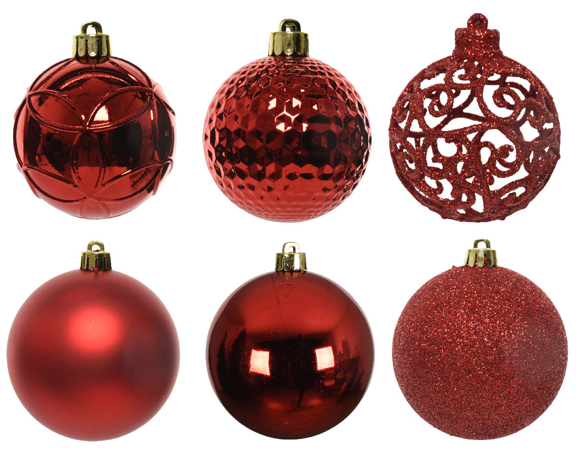 Shatterproof red matt shiny & glitter bauble mix