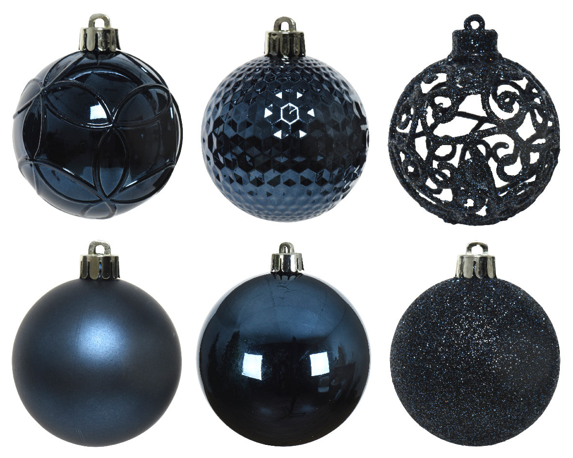 Shatterproof dark blue Matt shiny & glitter bauble mix