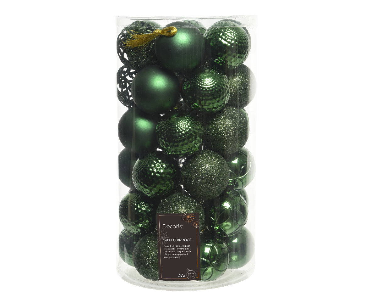 Shatterproof forest green matt shiny & glitter bauble mix