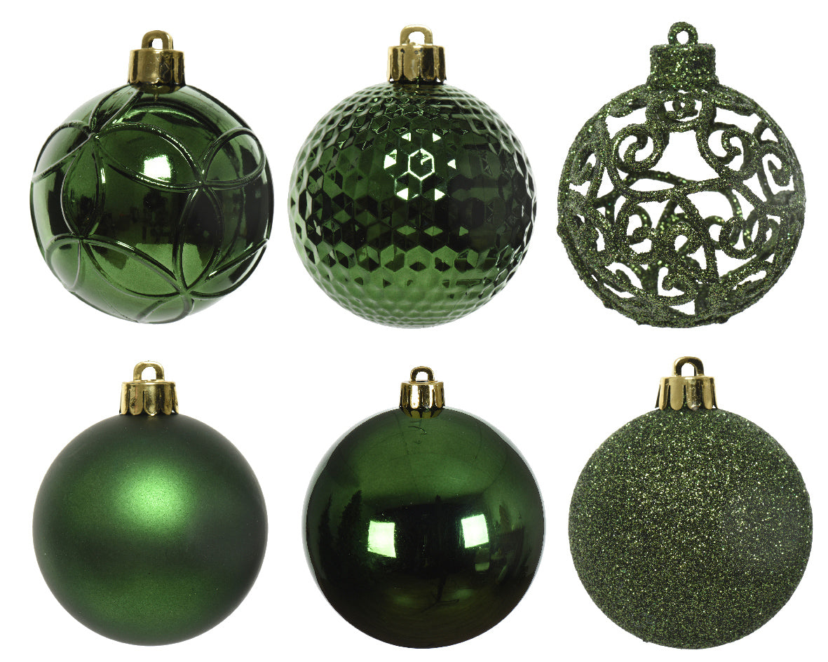 Shatterproof forest green matt shiny & glitter bauble mix