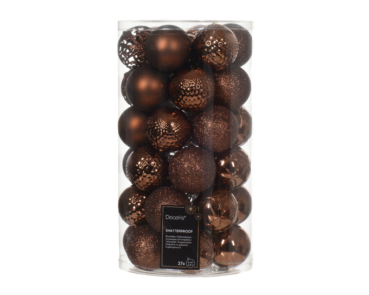 Shatterproof espresso matt shiny & glitter bauble mix