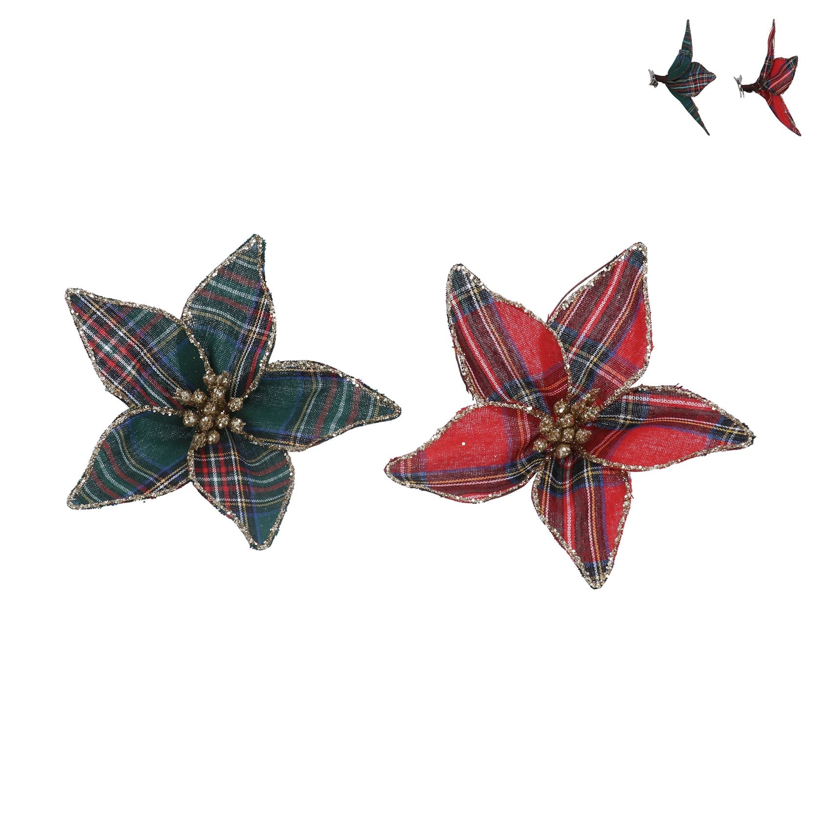 Tartan fabric poinsettia clips