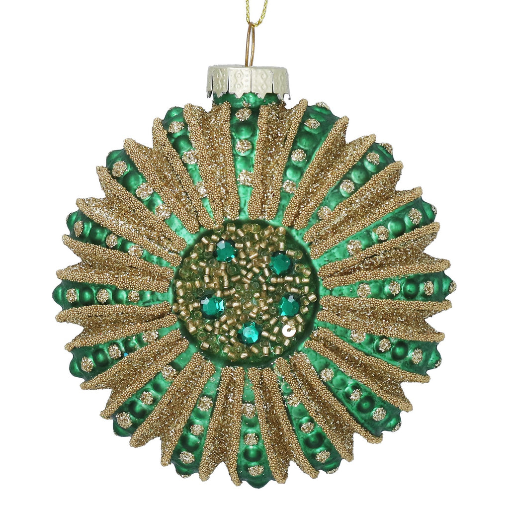 Green & gold ornate glass disc hanging decoration