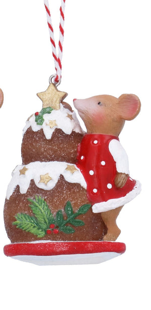 Cute mice with Christmas pudding hanging decs