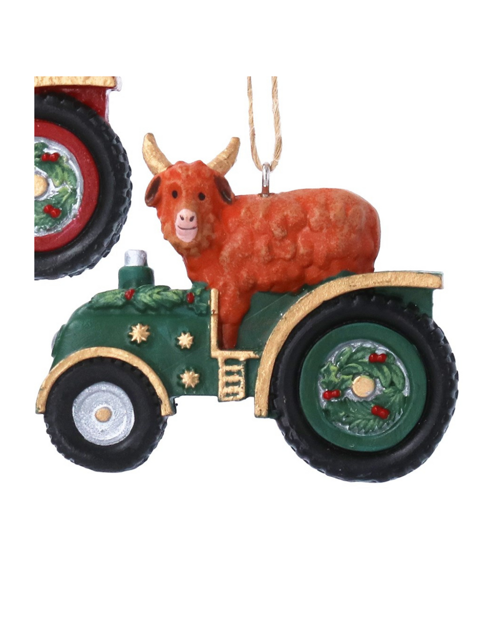 Dairy/highland cow in tractor hanging dec