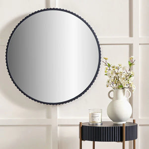 Black metal textured edged round wall mirror
