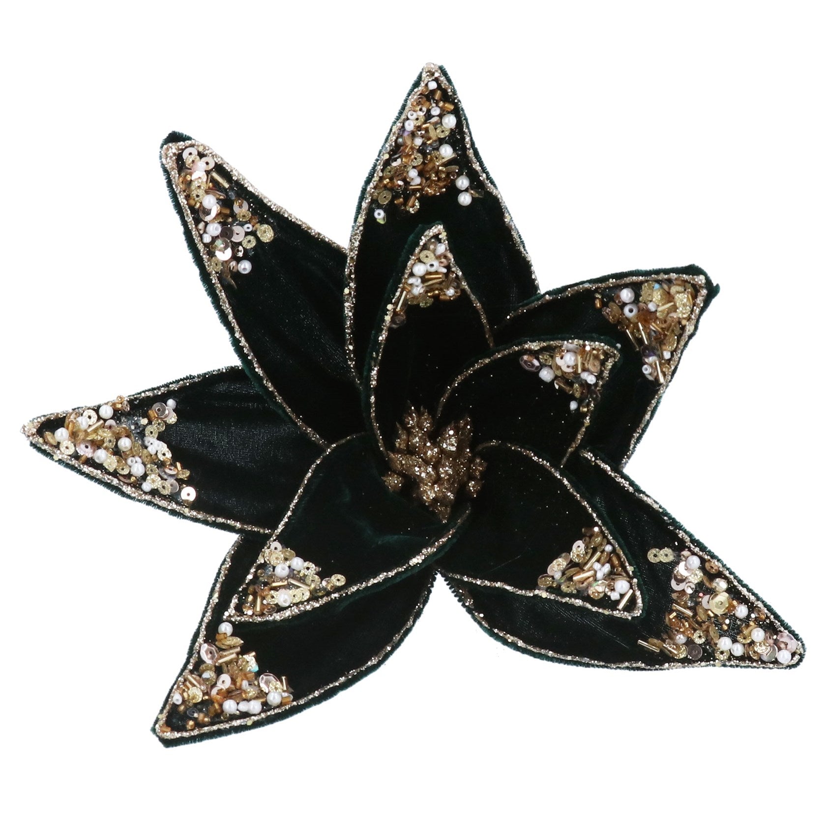 Green velvet poinsettia with gold sequins clip