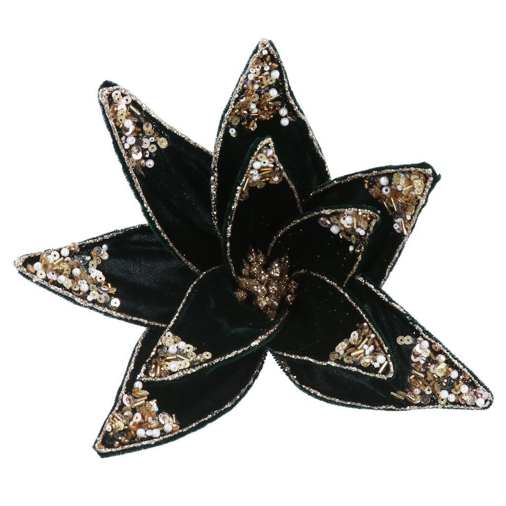 Green velvet poinsettia with gold sequins clip