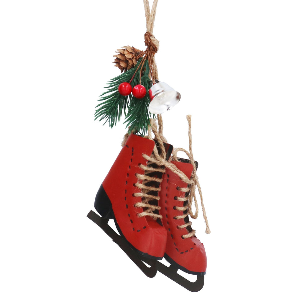 Red metal skate boots dec with fir & bell
