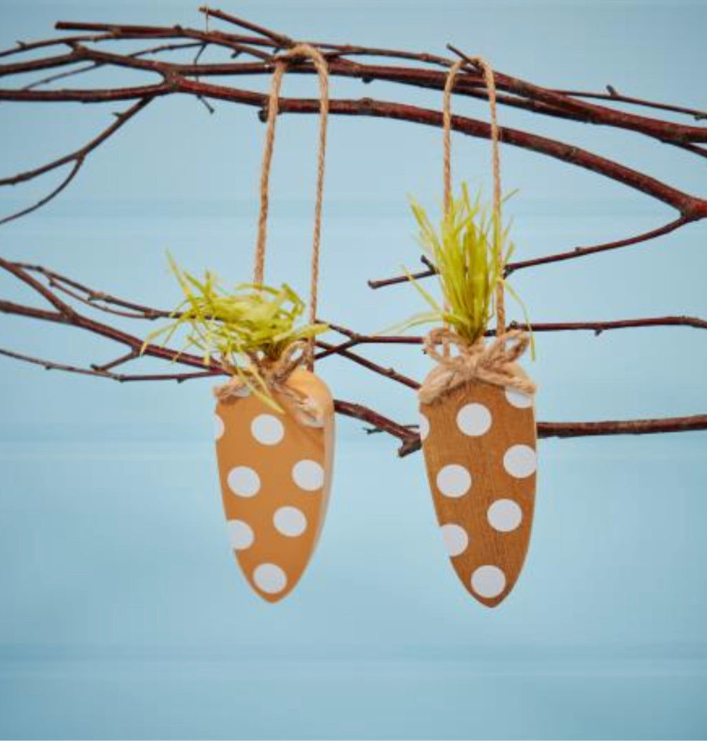 Wooden polka dot hanging carrot and raffia bow