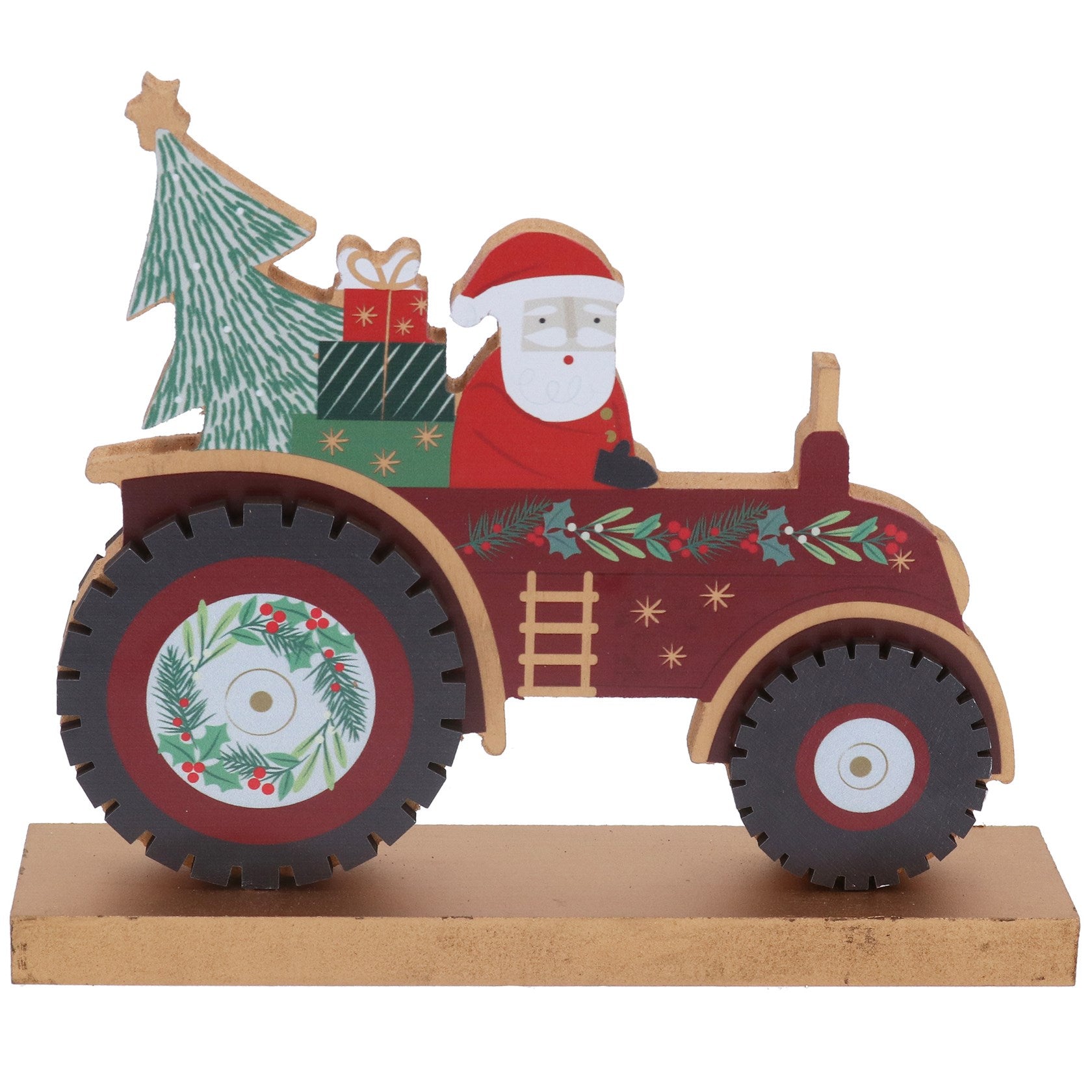 Wooden free standing Santa on a tractor dec