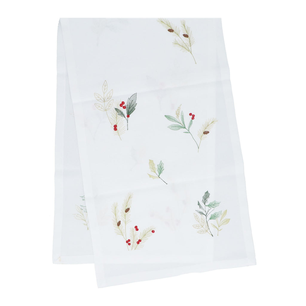 Fabric table runner with embroidered sprigs