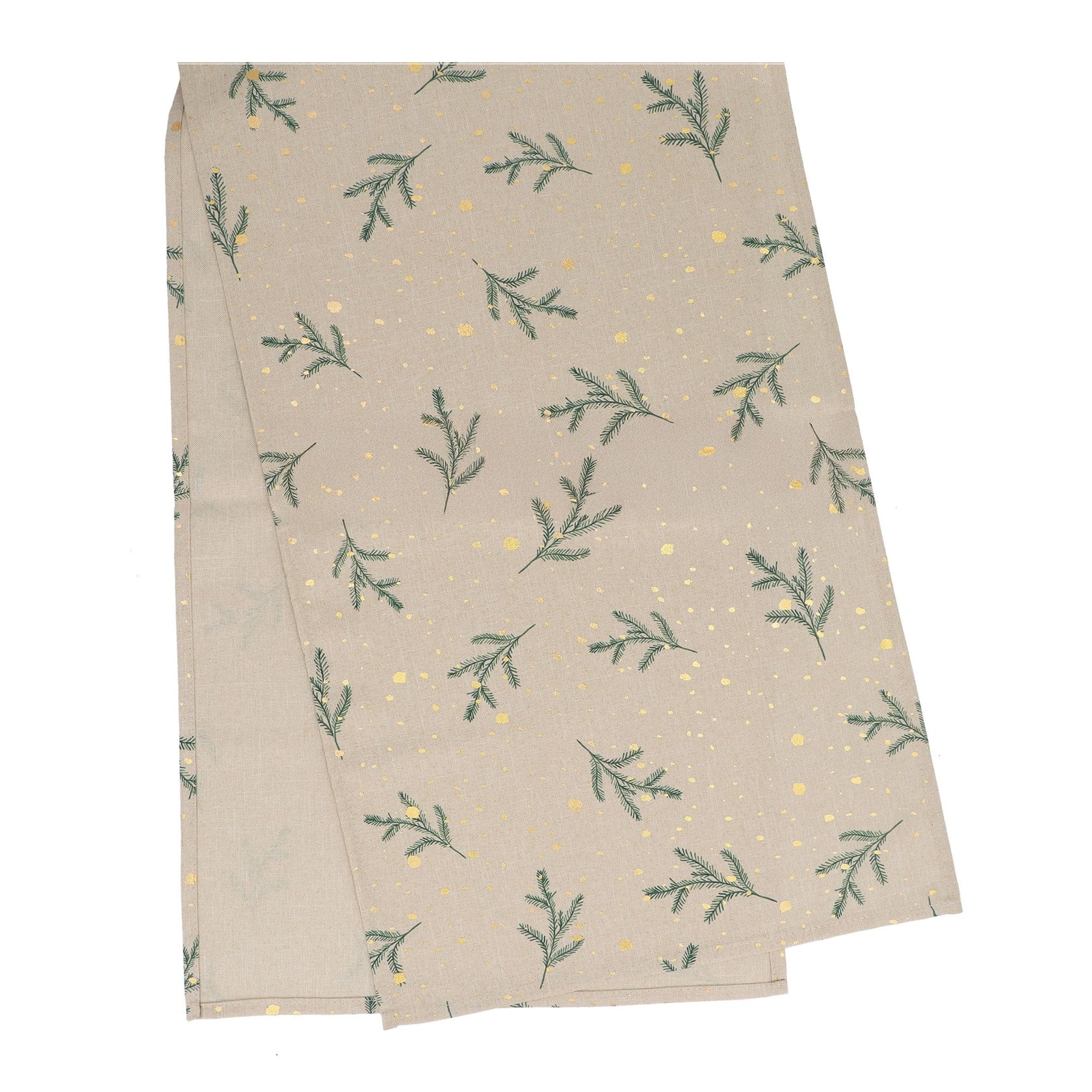 Fabric table runner with evergreen sprigs and gold