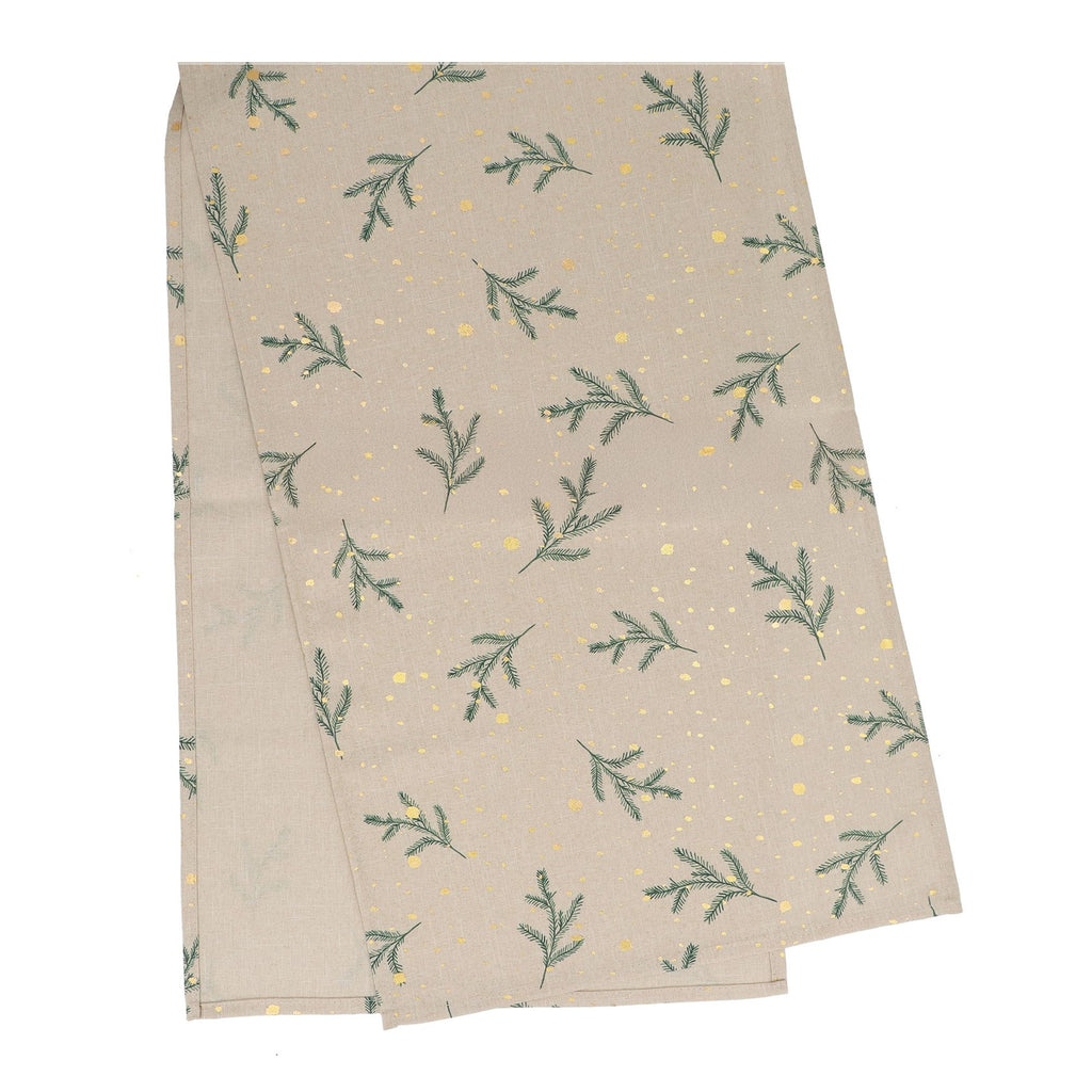 Fabric table runner with evergreen sprigs and gold