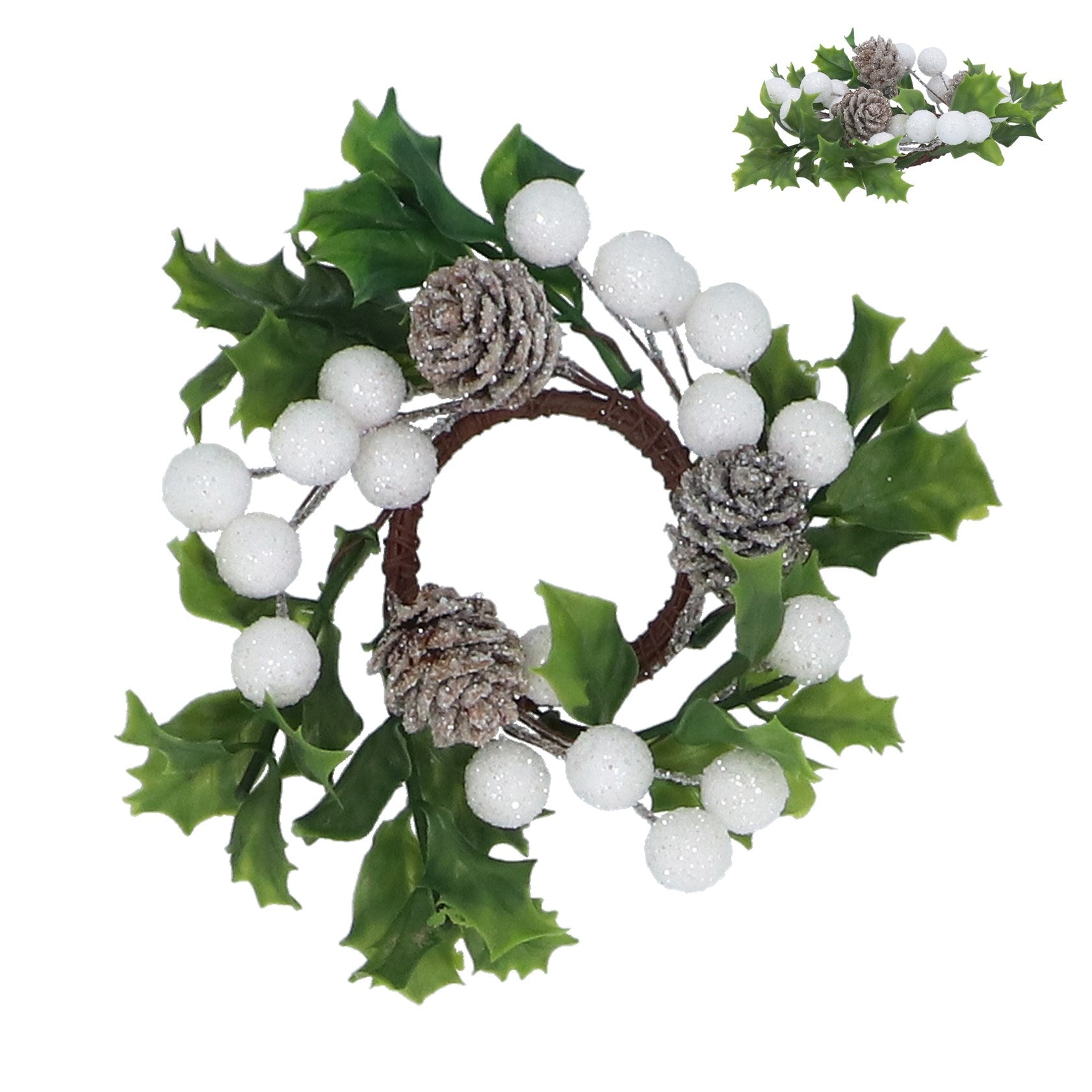 White snowberry and cone candle ring