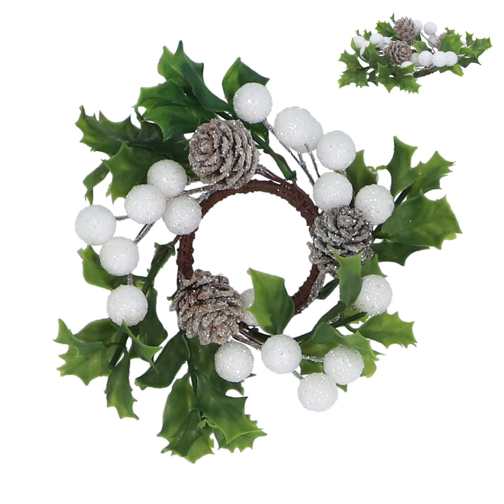 White snowberry and cone candle ring