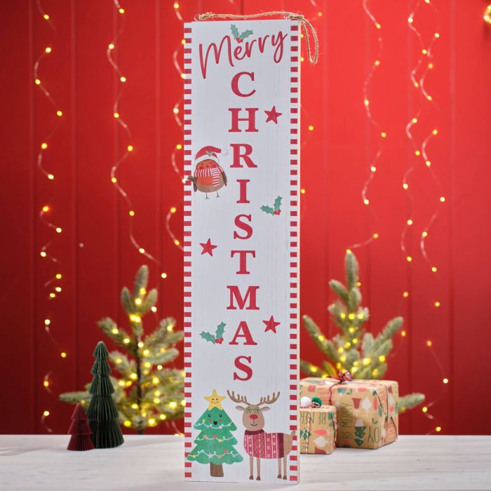 Jingle and joy Merry Christmas tall hanging wooden sign