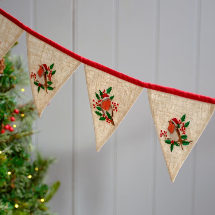 Christmas robin embroidered bunting in cotton and linen