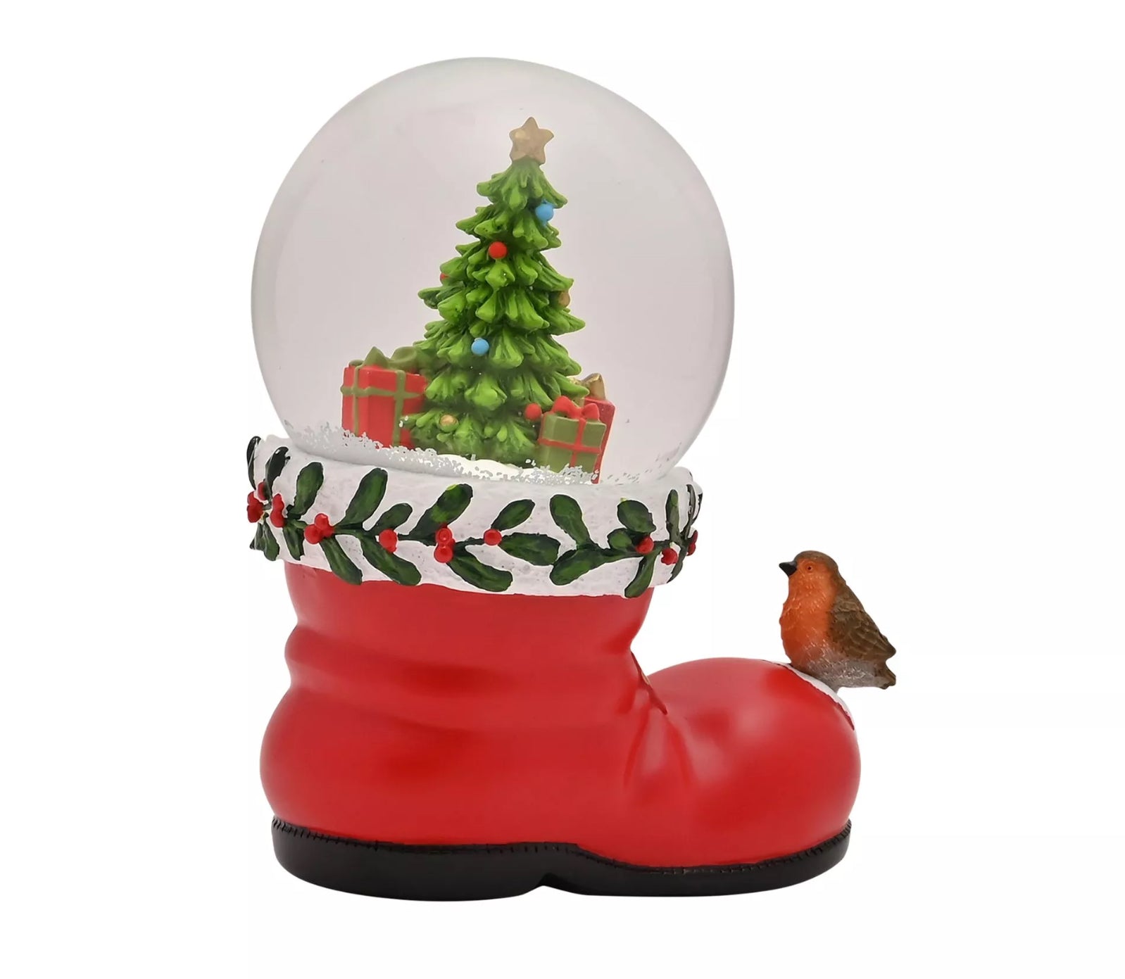 Santa boot with Christmas robin snow globe