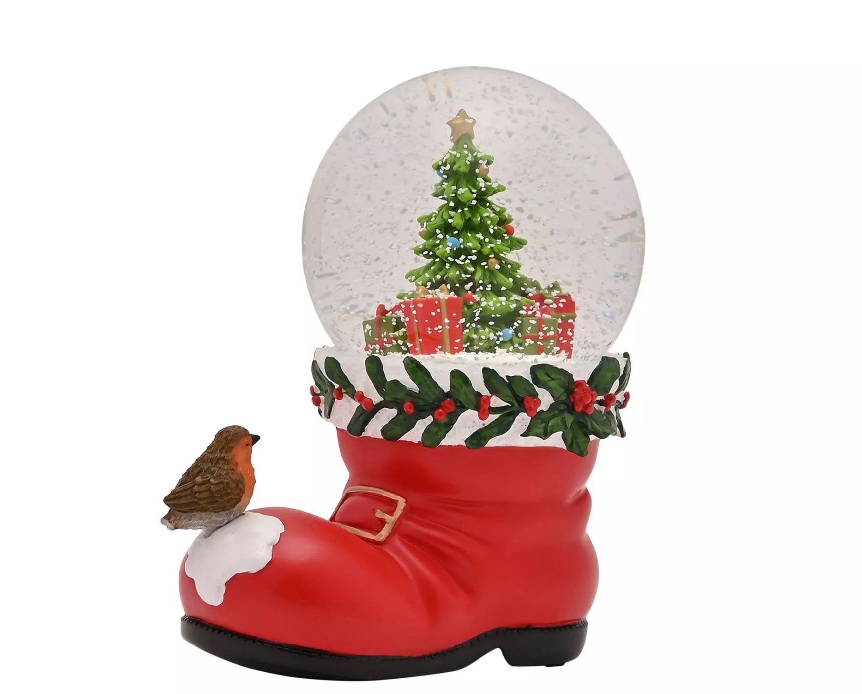 Santa boot with Christmas robin snow globe