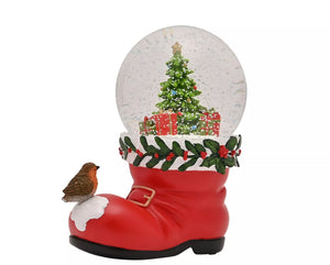 Santa boot with Christmas robin snow globe