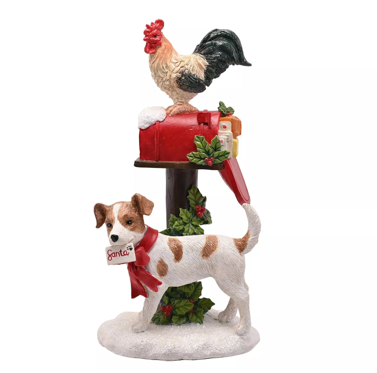Festive dog and rooster ornament