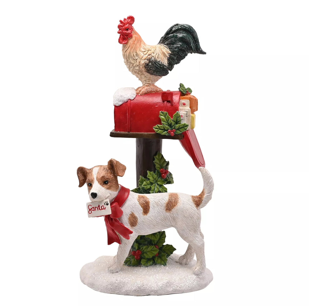 Festive dog and rooster ornament