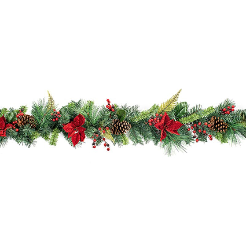 Poinsettia garland with cones and berries