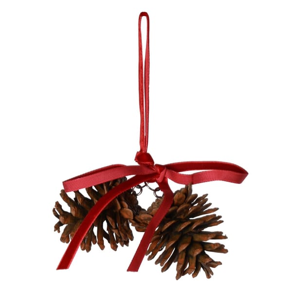 Pinecone decoration with burgundy ribbon