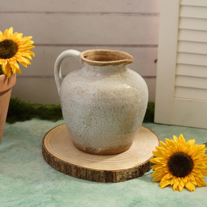 Antiqued light grey reactive glaze stoneware vase with handle