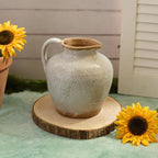 Antiqued light grey reactive glaze stoneware vase with handle