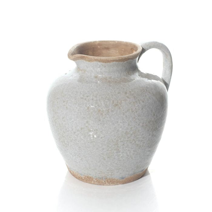 Antiqued light grey reactive glaze stoneware vase with handle