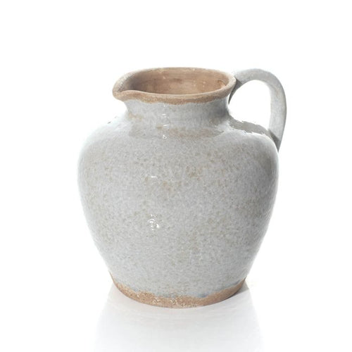 Antiqued light grey reactive glaze stoneware vase with handle