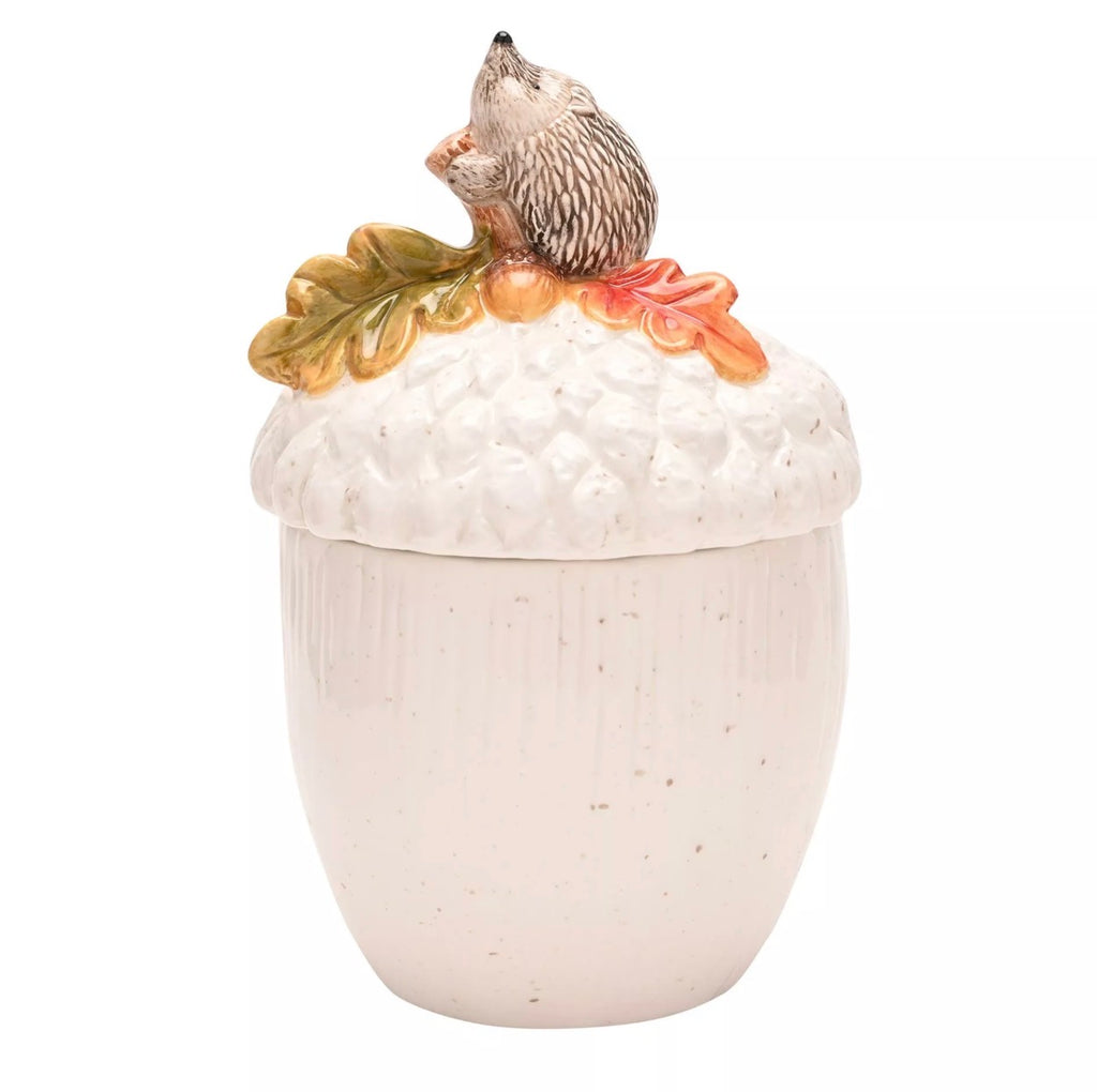Hedgehog on an acorn storage jar