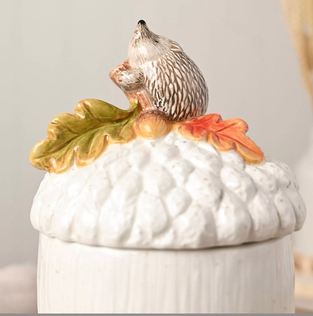 Hedgehog on an acorn storage jar