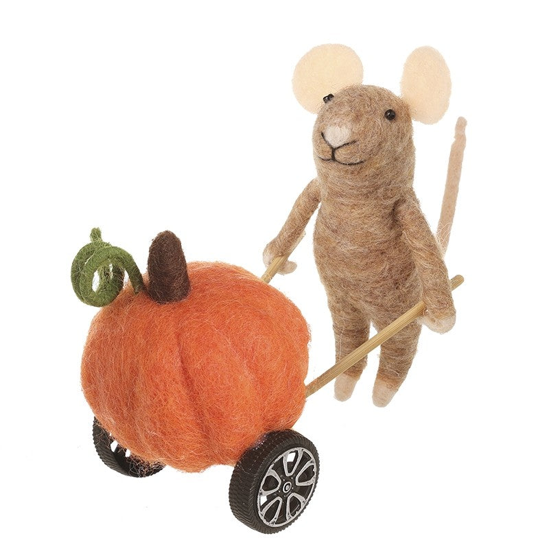 Brown felt mouse pushing pumpkin