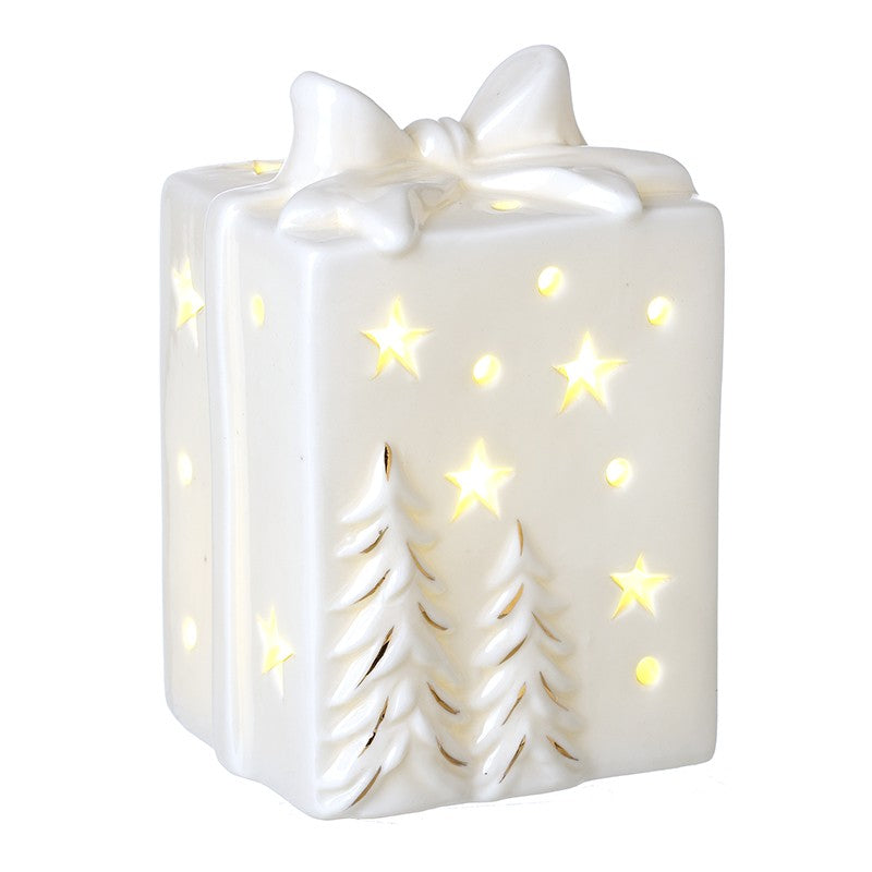 Light up present with bow and Christmas tree