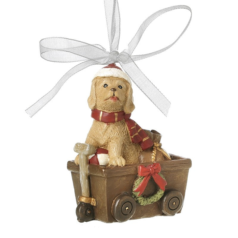 Christmas pup in cart hanging dec