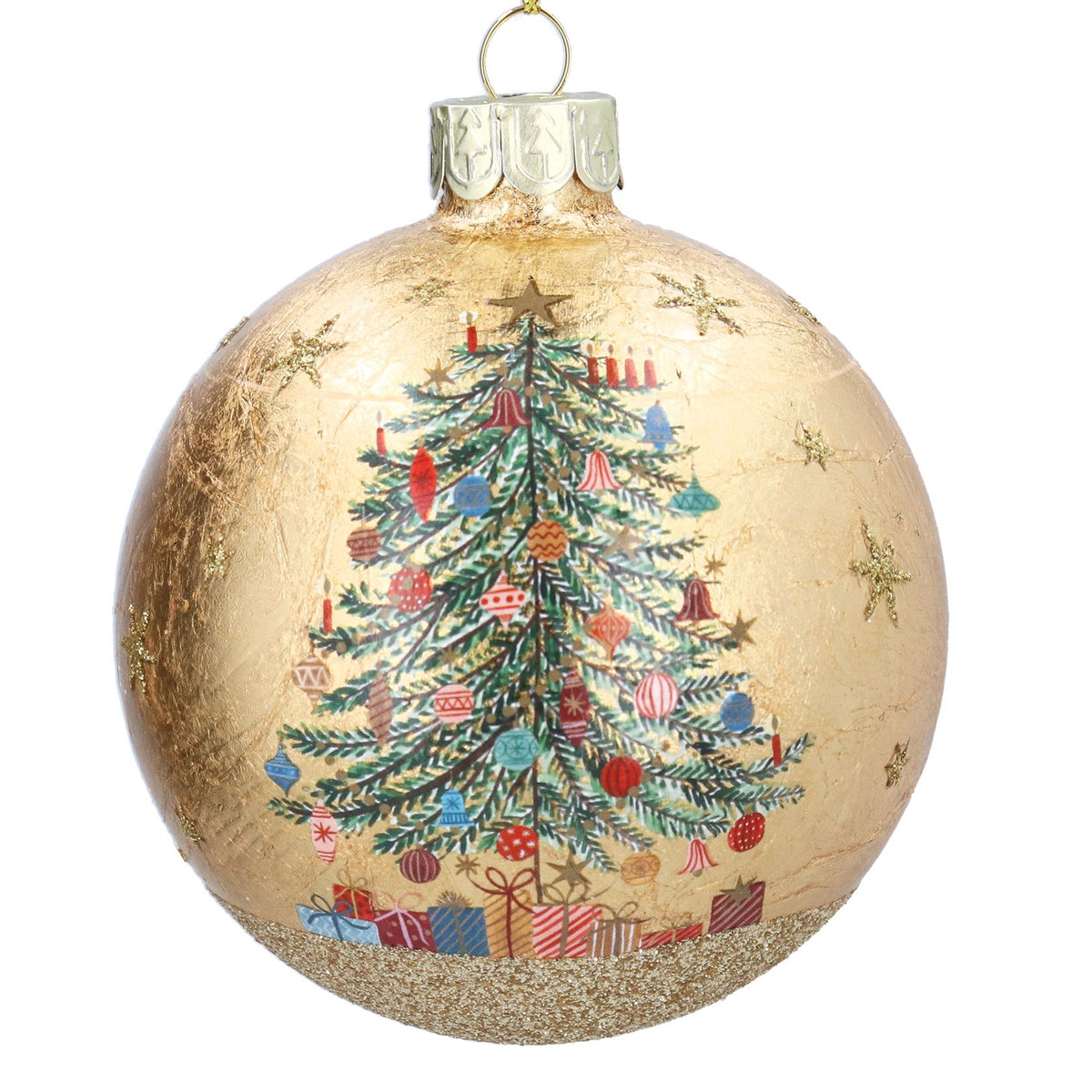 Gold glass bauble with nostalgic tree print