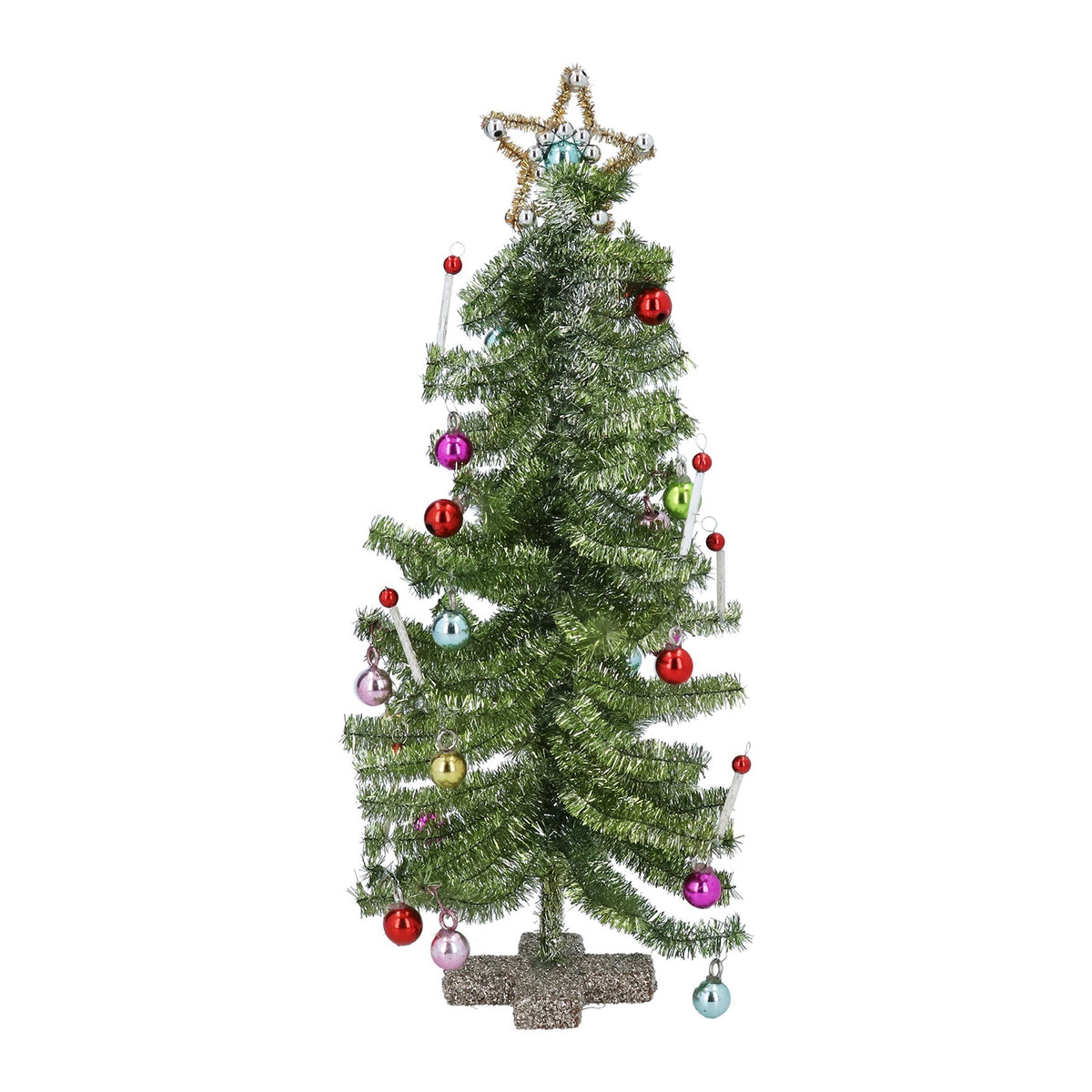 Tinsel tree with green decorations