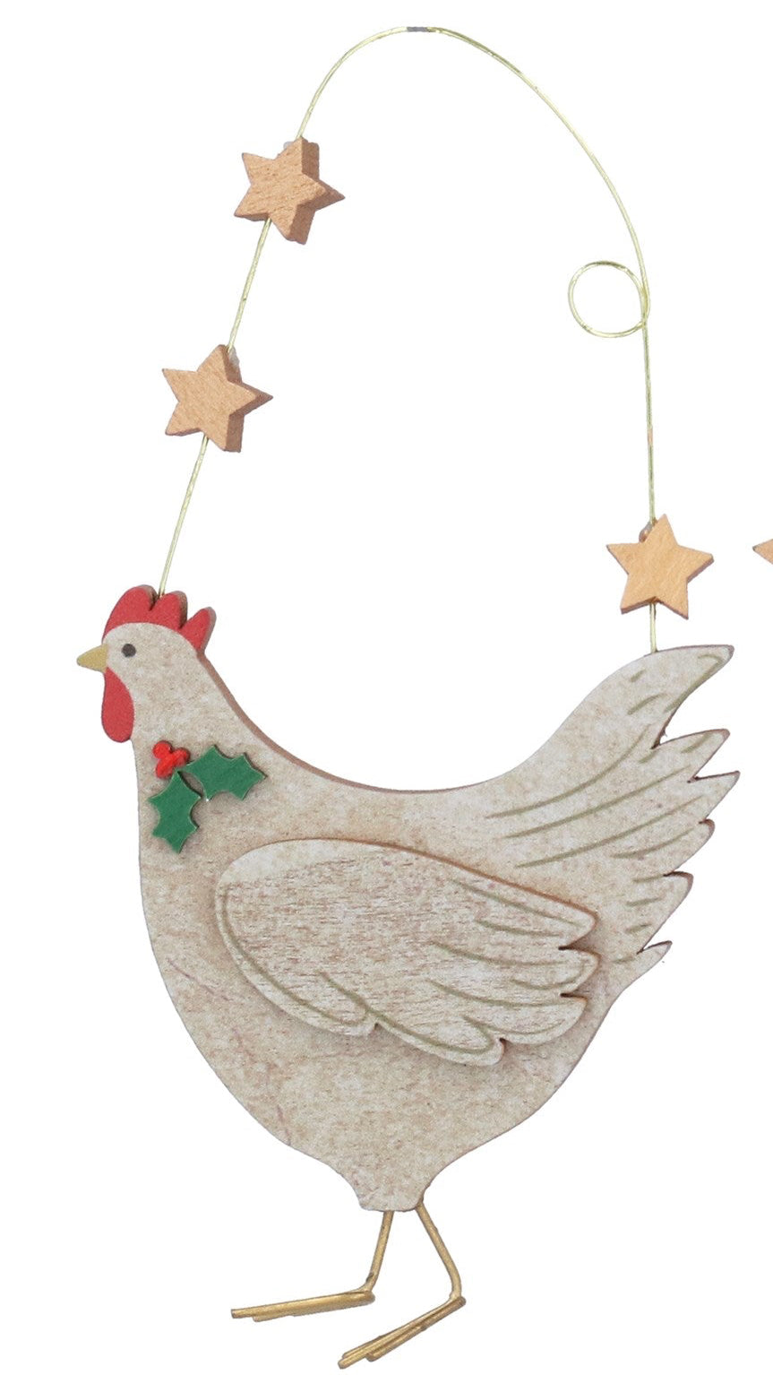 Hen and stars wooden hanging dec