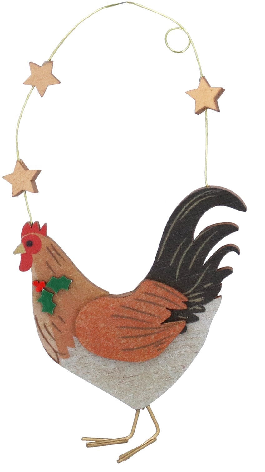 Hen and stars wooden hanging dec