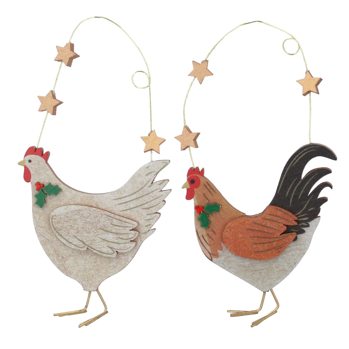 Hen and stars wooden hanging dec
