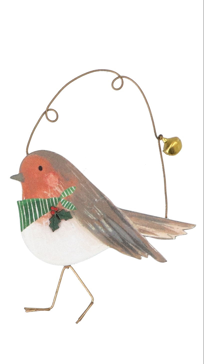 Robin with scarf wooden hanging dec