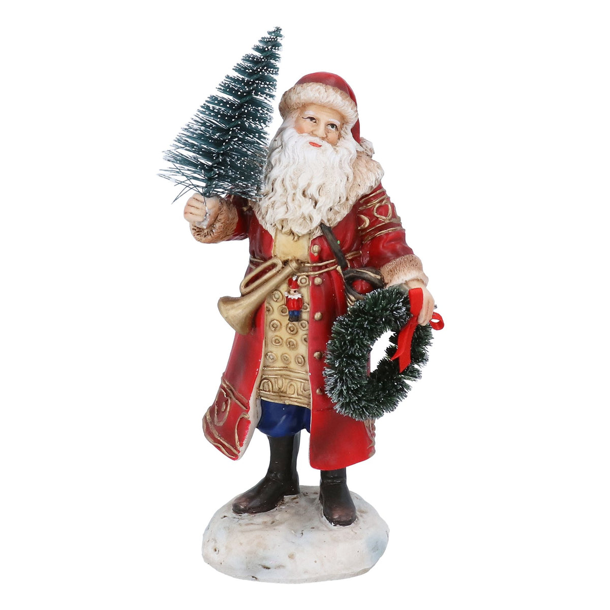 Santa carrying wreath and tree ornament