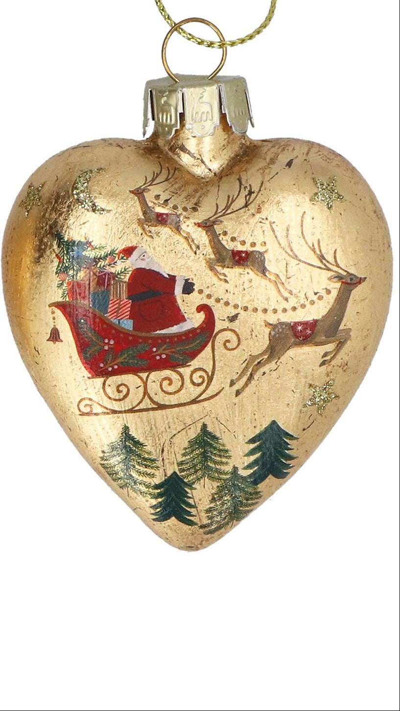 Gold glass heart with nostalgic sleigh print