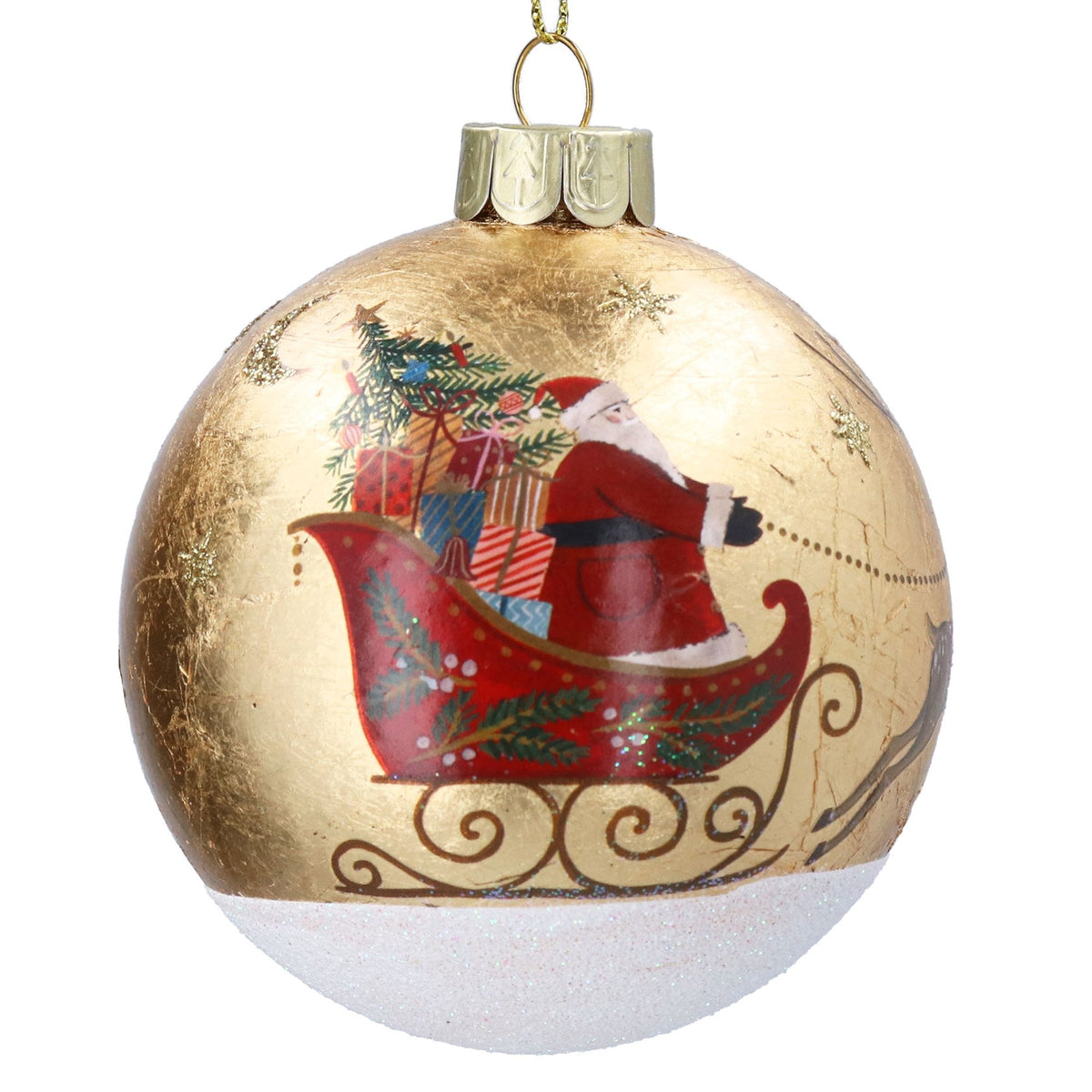 Gold glass bauble with nostalgic sleigh print