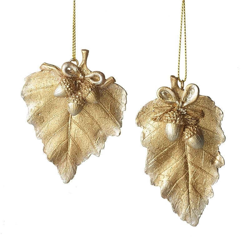 Gold Leaf with Bow and Acorns Hanging Decoration -  2 ass