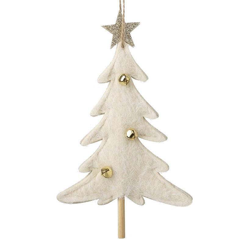 Cream felt Christmas tree hanging dec with mini gold bells