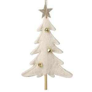 Cream felt Christmas tree hanging dec with mini gold bells